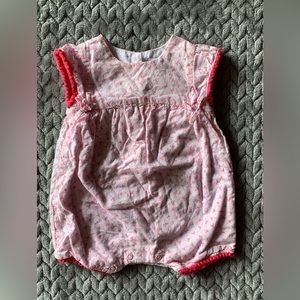 Absorba Pink Floral Romper with Pom Pom Sleeves in 0-3M